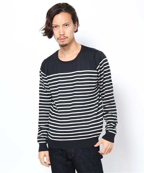 NANO universe（ナノユニバース）の「コットンハイゲージボーダーニットUネック（ニット/セーター・メンズ・ホワイト/ネイビー/ブラック・SMALL/MEDIUM/LARGE）」の3枚目の写真