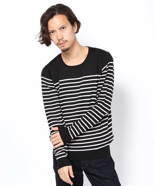 NANO universe（ナノユニバース）の「コットンハイゲージボーダーニットUネック（ニット/セーター・メンズ・ホワイト/ネイビー/ブラック・SMALL/MEDIUM/LARGE）」の2枚目の写真