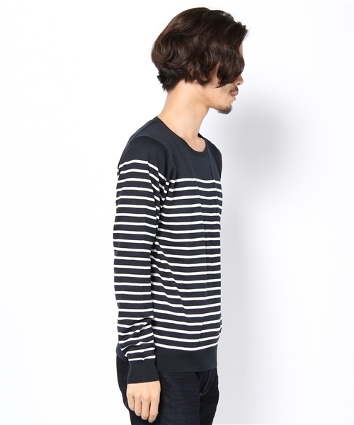 NANO universe（ナノユニバース）の「コットンハイゲージボーダーニットUネック（ニット/セーター・メンズ・ホワイト/ネイビー/ブラック・SMALL/MEDIUM/LARGE）」の4枚目の写真