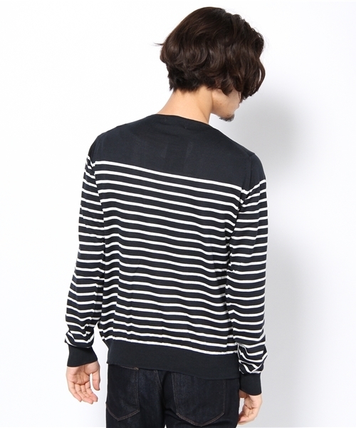 NANO universe（ナノユニバース）の「コットンハイゲージボーダーニットUネック（ニット/セーター・メンズ・ホワイト/ネイビー/ブラック・SMALL/MEDIUM/LARGE）」の5枚目の写真