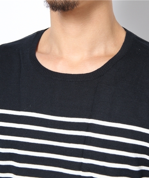 NANO universe（ナノユニバース）の「コットンハイゲージボーダーニットUネック（ニット/セーター・メンズ・ホワイト/ネイビー/ブラック・SMALL/MEDIUM/LARGE）」の6枚目の写真