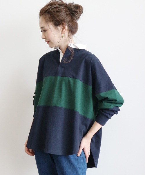 AMERICAN HOLIC(アメリカンホリック)の「衿付きラガーBIGカットプルオーバー*(Tシャツ/カットソー・レディース・グレー系その他/ベージュ/モカ/ネイビー・M/L)」の4枚目の写真