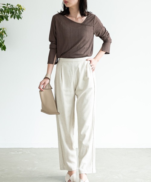 Aunt Marie's（アントマリーズ）の「AUNT MARIE’S　シアーリブアシメトップス（Tシャツ/カットソー・レディース・ナチュラル/チャコールグレー/ブラウン・FREE）」の5枚目の写真