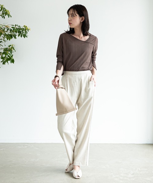 Aunt Marie's（アントマリーズ）の「AUNT MARIE’S　シアーリブアシメトップス（Tシャツ/カットソー・レディース・ナチュラル/チャコールグレー/ブラウン・FREE）」の6枚目の写真