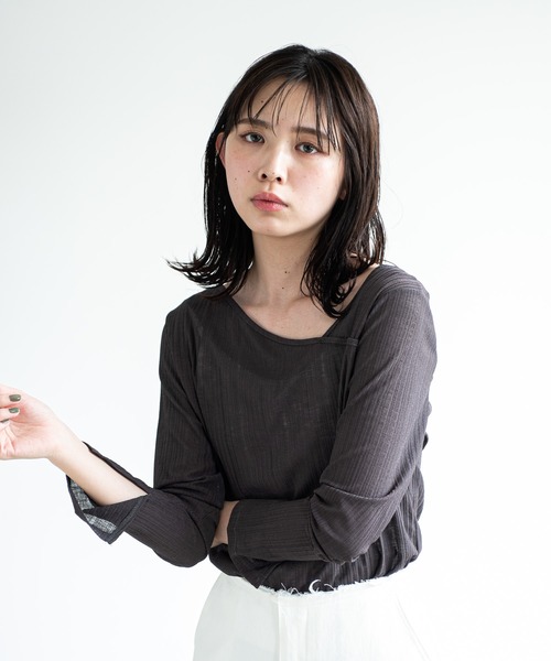 Aunt Marie's（アントマリーズ）の「AUNT MARIE’S　シアーリブアシメトップス（Tシャツ/カットソー・レディース・ナチュラル/チャコールグレー/ブラウン・FREE）」の22枚目の写真