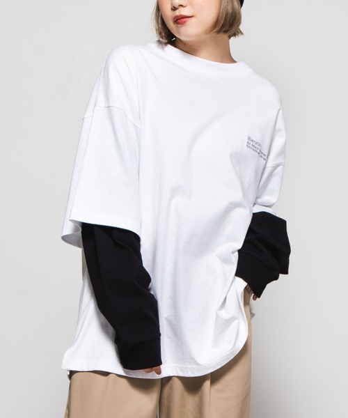 WEGO（ウィゴー）の「WEGO/レイヤードロゴビッグシルエットロンT（Tシャツ/カットソー・メンズ・ブラック系その他/ブラック/ホワイト系その他/ホワイト・MEDIUM/LARGE）」の3枚目の写真