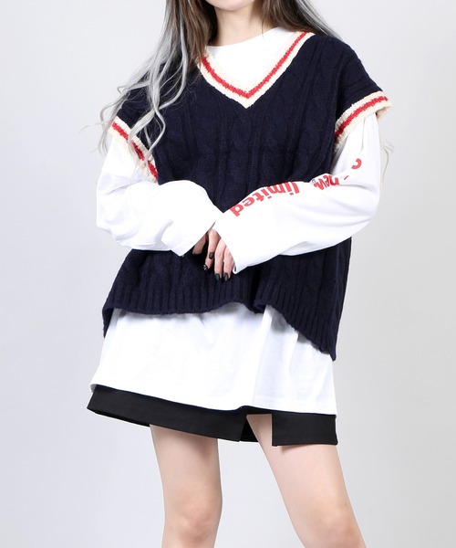 DING（ディング）の「DING/オーバーチルデンニットベスト（ベスト・レディース・ブラウン/オフホワイト/ネイビー・FREE）」の3枚目の写真