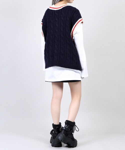 DING（ディング）の「DING/オーバーチルデンニットベスト（ベスト・レディース・ブラウン/オフホワイト/ネイビー・FREE）」の5枚目の写真