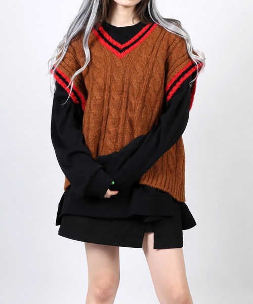 DING（ディング）の「DING/オーバーチルデンニットベスト（ベスト・レディース・ブラウン/オフホワイト/ネイビー・FREE）」の4枚目の写真