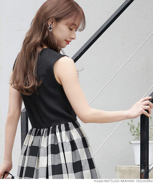 リブニットドッキングチェックワンピース（ワンピース）｜coca（coca