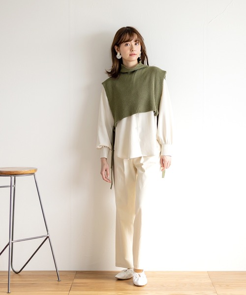 White Collection（ホワイトコレクション）の「【2021SS新作】春ニットベスト＆ボリュームスリーブブラウス/レイヤード2SET（ベスト・レディース・ベージュ/ブラック/カーキ/アイボリー・M）」の7枚目の写真