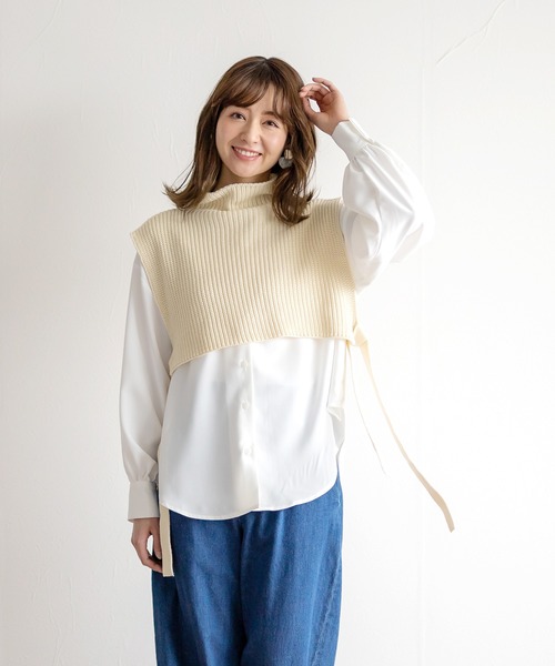 White Collection（ホワイトコレクション）の「【2021SS新作】春ニットベスト＆ボリュームスリーブブラウス/レイヤード2SET（ベスト・レディース・ベージュ/ブラック/カーキ/アイボリー・M）」の17枚目の写真