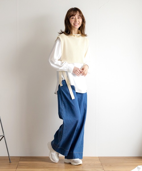 White Collection（ホワイトコレクション）の「【2021SS新作】春ニットベスト＆ボリュームスリーブブラウス/レイヤード2SET（ベスト・レディース・ベージュ/ブラック/カーキ/アイボリー・M）」の19枚目の写真