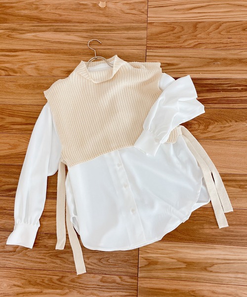 White Collection（ホワイトコレクション）の「【2021SS新作】春ニットベスト＆ボリュームスリーブブラウス/レイヤード2SET（ベスト・レディース・ベージュ/ブラック/カーキ/アイボリー・M）」の15枚目の写真