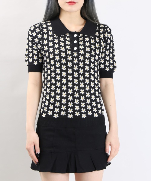 WC（ダブル シー）の「WC/フラワーニット半袖ポロシャツ（ニット/セーター・レディース・ブラック/グリーン/パープル・FREE）」の10枚目の写真