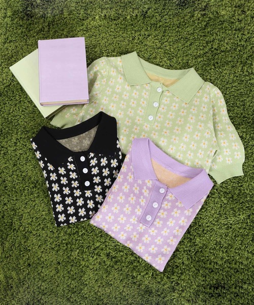 WC（ダブル シー）の「WC/フラワーニット半袖ポロシャツ（ニット/セーター・レディース・ブラック/グリーン/パープル・FREE）」の7枚目の写真