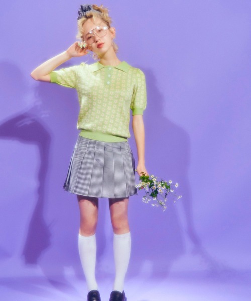 WC（ダブル シー）の「WC/フラワーニット半袖ポロシャツ（ニット/セーター・レディース・ブラック/グリーン/パープル・FREE）」の12枚目の写真