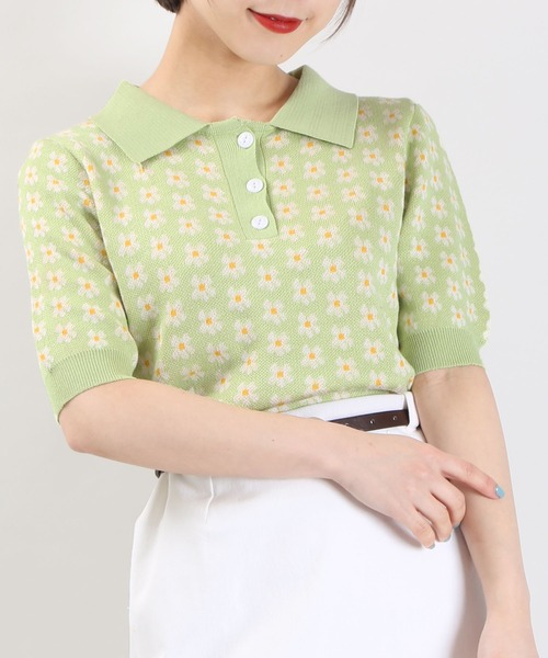 WC（ダブル シー）の「WC/フラワーニット半袖ポロシャツ（ニット/セーター・レディース・ブラック/グリーン/パープル・FREE）」の11枚目の写真