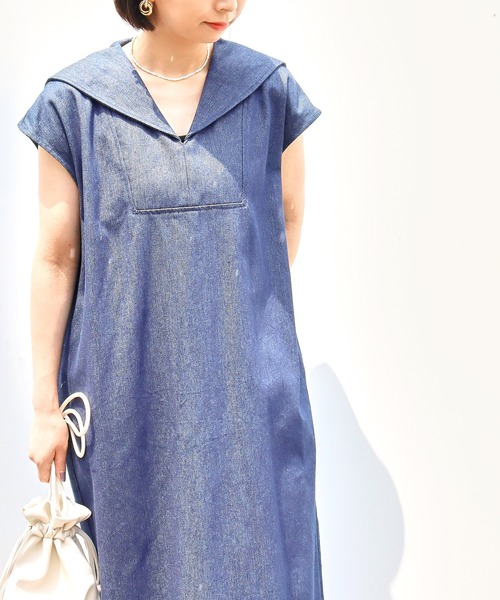 Factor=(ファクターイコール)の「セーラーカラーデニムロングワンピース(ワンピース・レディース・ライトブルー/ブラック/ブルー・FREE)」の8枚目の写真