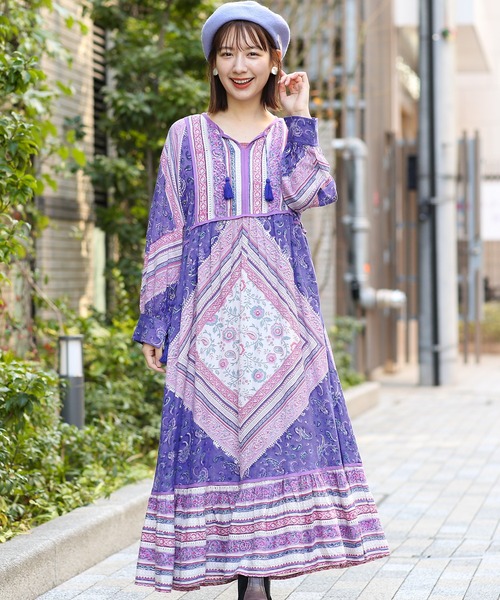 チチカカ(チチカカ)の「エコフレンドリーダイ パッチブロックプリントワンピース(ワンピース・レディース・イエロー系その他/ブラウン/ブルー・FREE)」の2枚目の写真