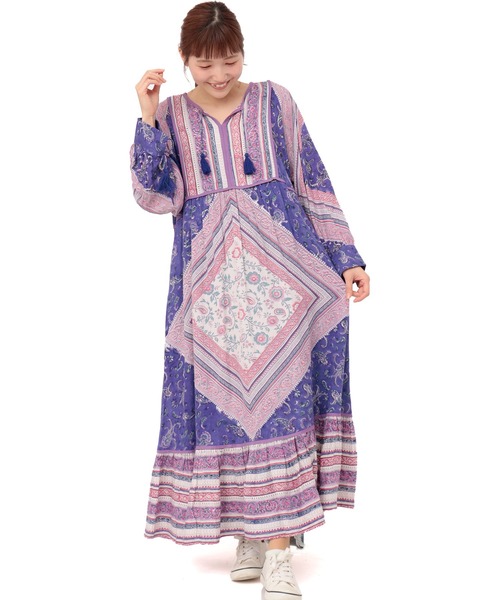 チチカカ(チチカカ)の「エコフレンドリーダイ パッチブロックプリントワンピース(ワンピース・レディース・イエロー系その他/ブラウン/ブルー・FREE)」の4枚目の写真