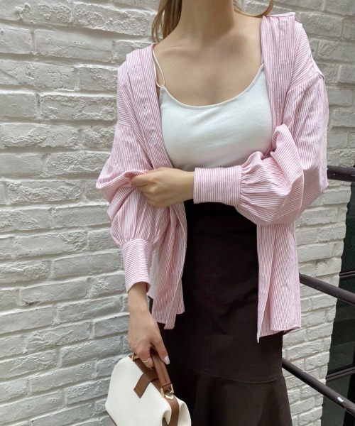one after another NICE CLAUP(ワンアフターアナザーナイスクラップ)の「ゆるシルエットストライプシャツ(シャツ/ブラウス・レディース・ブラック/ベージュ/ラベンダー/ピンク・FREE)」の4枚目の写真