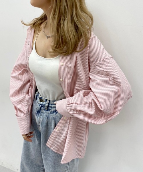 one after another NICE CLAUP(ワンアフターアナザーナイスクラップ)の「ゆるシルエットストライプシャツ(シャツ/ブラウス・レディース・ブラック/ベージュ/ラベンダー/ピンク・FREE)」の16枚目の写真