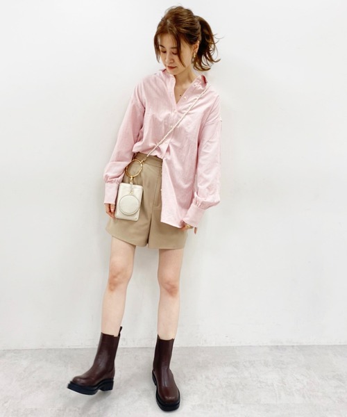 one after another NICE CLAUP(ワンアフターアナザーナイスクラップ)の「ゆるシルエットストライプシャツ(シャツ/ブラウス・レディース・ブラック/ベージュ/ラベンダー/ピンク・FREE)」の6枚目の写真