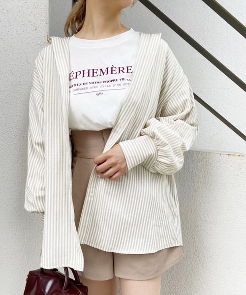 one after another NICE CLAUP(ワンアフターアナザーナイスクラップ)の「ゆるシルエットストライプシャツ(シャツ/ブラウス・レディース・ブラック/ベージュ/ラベンダー/ピンク・FREE)」の13枚目の写真