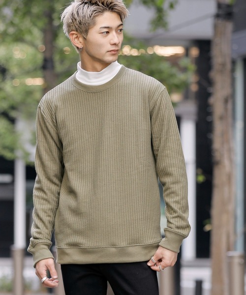 Bling Leads(ブリングリーズ)の「ビッグワッフル 袖リブ クルーネック ロング Tシャツ(Tシャツ/カットソー・メンズ・ホワイト/ブラック/ベージュ/オフホワイト/カーキ/杢グレー・M/L/XL)」の1枚目の写真