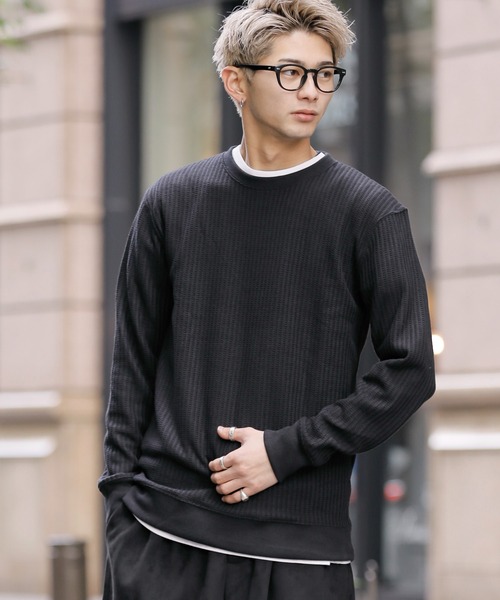 Bling Leads(ブリングリーズ)の「ビッグワッフル 袖リブ クルーネック ロング Tシャツ(Tシャツ/カットソー・メンズ・ホワイト/ブラック/ベージュ/オフホワイト/カーキ/杢グレー・M/L/XL)」の4枚目の写真