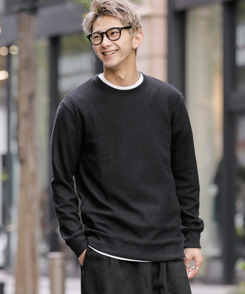 Bling Leads(ブリングリーズ)の「ビッグワッフル 袖リブ クルーネック ロング Tシャツ(Tシャツ/カットソー・メンズ・ホワイト/ブラック/ベージュ/オフホワイト/カーキ/杢グレー・M/L/XL)」の7枚目の写真