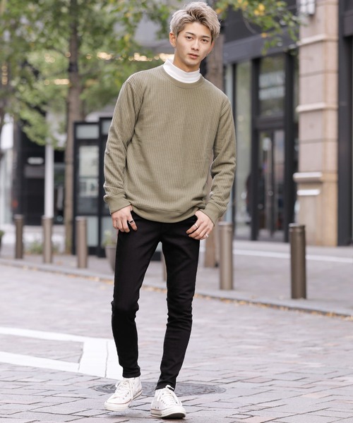 Bling Leads(ブリングリーズ)の「ビッグワッフル 袖リブ クルーネック ロング Tシャツ(Tシャツ/カットソー・メンズ・ホワイト/ブラック/ベージュ/オフホワイト/カーキ/杢グレー・M/L/XL)」の18枚目の写真