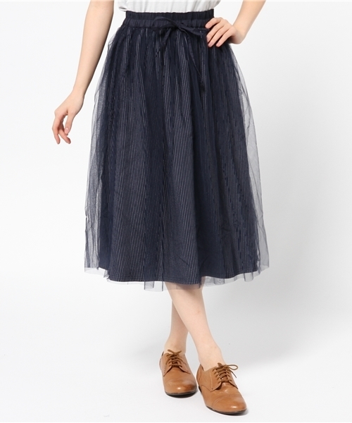 mystic（ミスティック）の「ストライプチュールスカート（スカート・レディース・オフホワイト/カーキ/ブラック/ネイビー・ﾌﾘ-）」の4枚目の写真