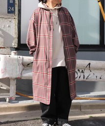 チェックデニム切替ロングコート