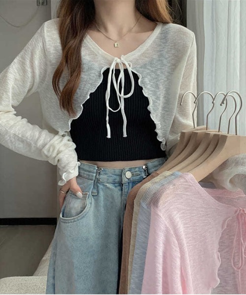 セール】【leune】フリルショートニットカーディガン（カーディガン