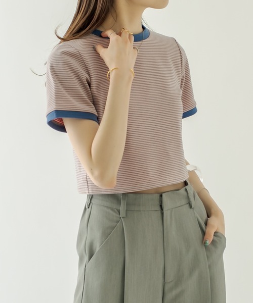 mystic（ミスティック）の「ボーダーリンガーTシャツ（Tシャツ/カットソー・レディース・ネイビー/オフホワイト/ピンク/グリーン・FREE）」の6枚目の写真