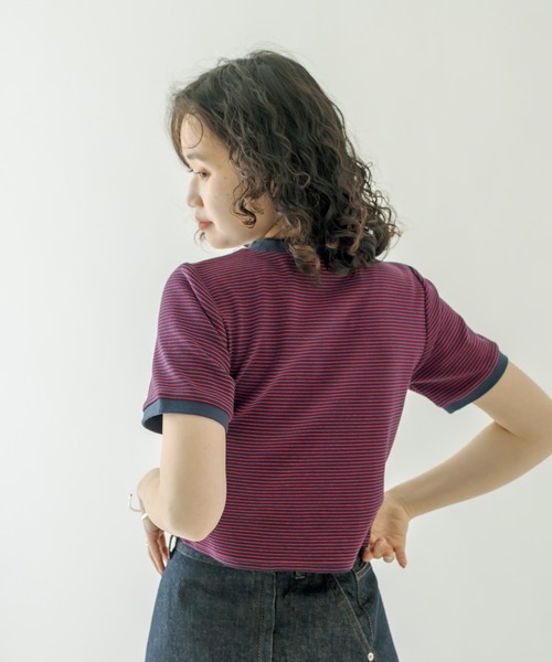 mystic（ミスティック）の「ボーダーリンガーTシャツ（Tシャツ/カットソー・レディース・ネイビー/オフホワイト/ピンク/グリーン・FREE）」の18枚目の写真