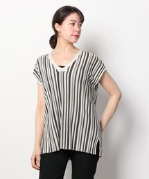 Per sist ence（パーシエンス）の「Per sist ence/パーシエンス　麻タッチ12Gカラーストライプ　Vネックチュニック（Tシャツ/カットソー）」