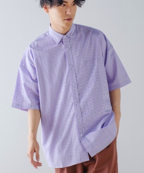 improves（インプローブス）の「ブロード オーバーサイズ レギュラーカラー 半袖 ストライプシャツ（シャツ/ブラウス・メンズ・サックスブルー/ラベンダー/イエロー/ホワイト・LARGE/X-LARGE/MEDIUM）」の4枚目の写真