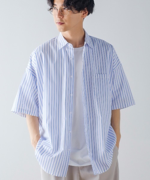improves（インプローブス）の「ブロード オーバーサイズ レギュラーカラー 半袖 ストライプシャツ（シャツ/ブラウス・メンズ・サックスブルー/ラベンダー/イエロー/ホワイト・LARGE/X-LARGE/MEDIUM）」の2枚目の写真