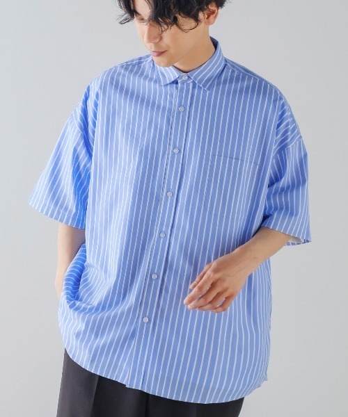 improves（インプローブス）の「ブロード オーバーサイズ レギュラーカラー 半袖 ストライプシャツ（シャツ/ブラウス・メンズ・サックスブルー/ラベンダー/イエロー/ホワイト・LARGE/X-LARGE/MEDIUM）」の3枚目の写真