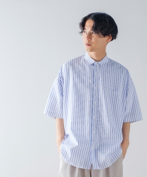 improves（インプローブス）の「ブロード オーバーサイズ レギュラーカラー 半袖 ストライプシャツ（シャツ/ブラウス・メンズ・サックスブルー/ラベンダー/イエロー/ホワイト・LARGE/X-LARGE/MEDIUM）」の5枚目の写真
