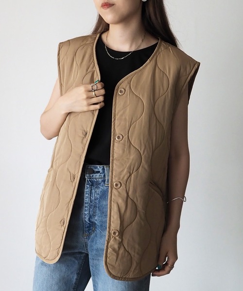 MEYAME ベージュ キルティング ノースリーブベスト MEYAME ベージュ キルティング ノースリーブベスト MEYAME ベージュ
