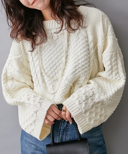 CIAOPANIC TYPY(チャオパニックティピー)の「【willow】パッチワークケーブルニット(ニット/セーター・レディース・ダークブラウン/オフホワイト/ブルー・ONE SIZE)」の9枚目の写真
