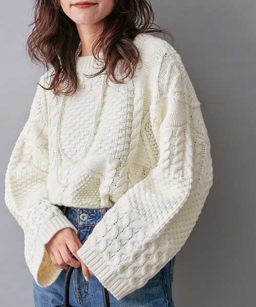 CIAOPANIC TYPY(チャオパニックティピー)の「【willow】パッチワークケーブルニット(ニット/セーター・レディース・ダークブラウン/オフホワイト/ブルー・ONE SIZE)」の10枚目の写真
