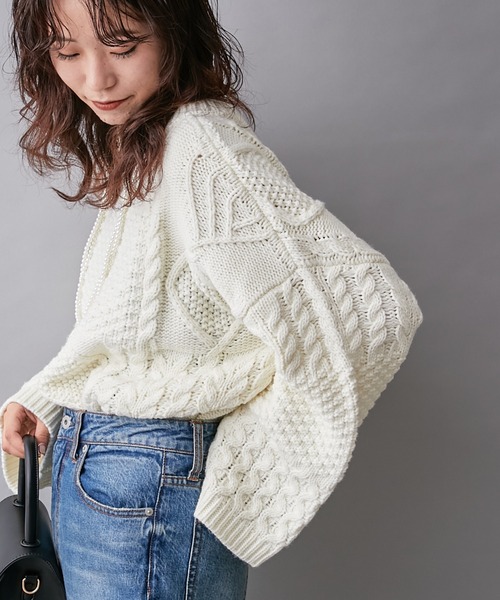 CIAOPANIC TYPY(チャオパニックティピー)の「【willow】パッチワークケーブルニット(ニット/セーター・レディース・ダークブラウン/オフホワイト/ブルー・ONE SIZE)」の11枚目の写真