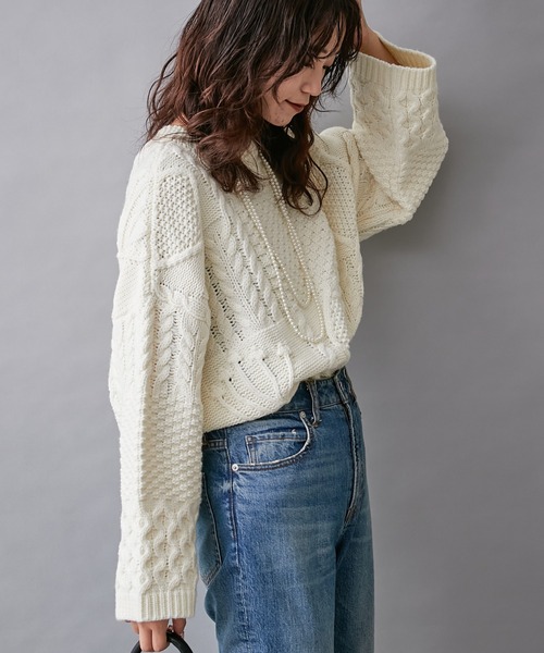 CIAOPANIC TYPY(チャオパニックティピー)の「【willow】パッチワークケーブルニット(ニット/セーター・レディース・ダークブラウン/オフホワイト/ブルー・ONE SIZE)」の14枚目の写真