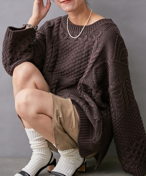 CIAOPANIC TYPY(チャオパニックティピー)の「【willow】パッチワークケーブルニット(ニット/セーター・レディース・ダークブラウン/オフホワイト/ブルー・ONE SIZE)」の19枚目の写真