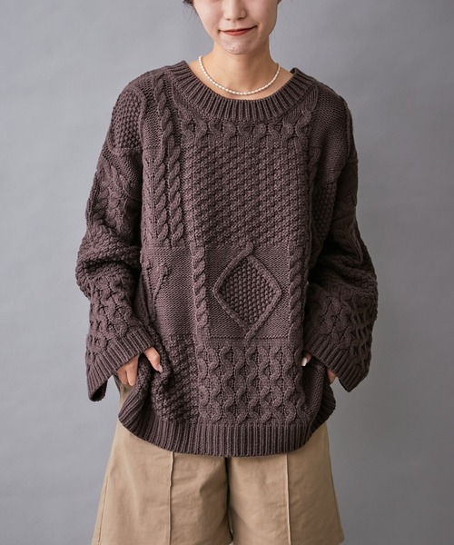 CIAOPANIC TYPY(チャオパニックティピー)の「【willow】パッチワークケーブルニット(ニット/セーター・レディース・ダークブラウン/オフホワイト/ブルー・ONE SIZE)」の20枚目の写真